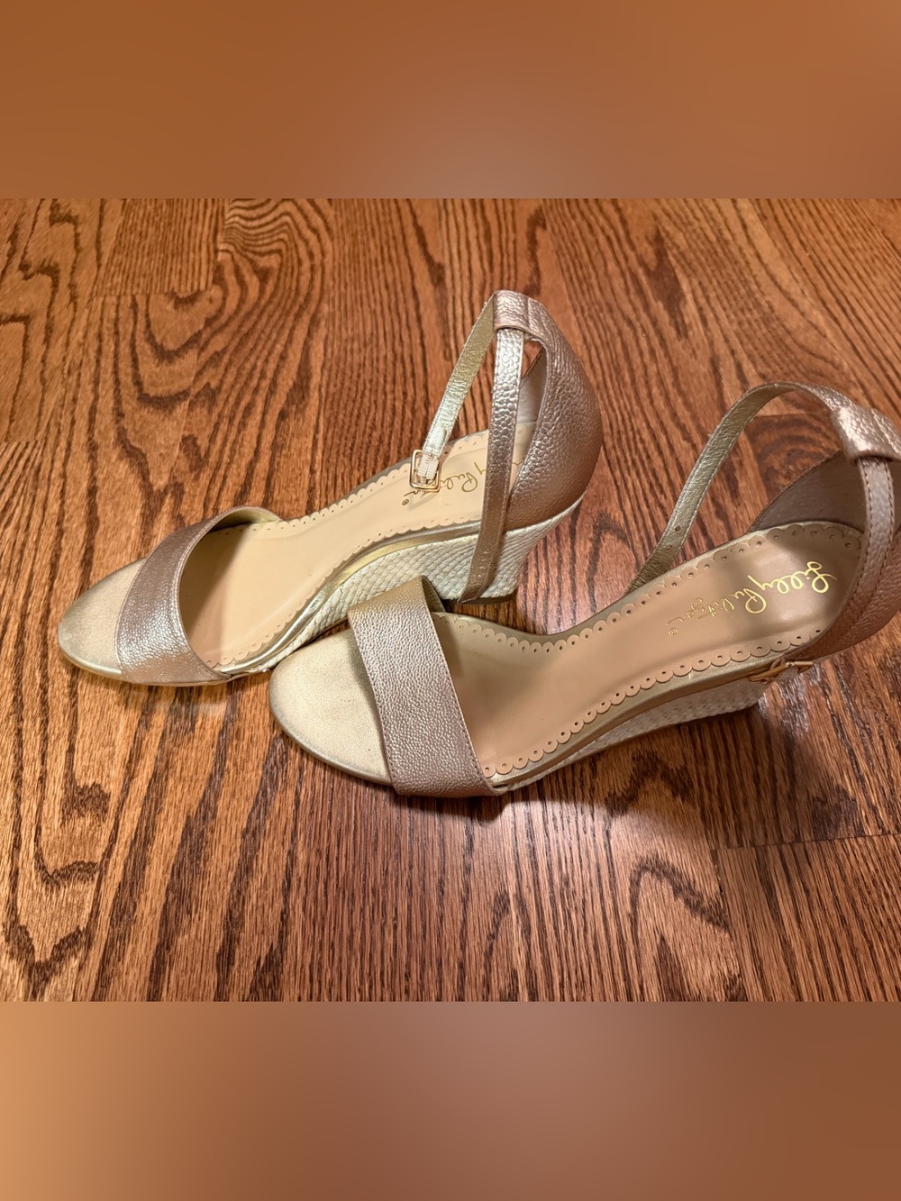 Lilly Pulitzer Metallic Gold Ankle-Strap Wedge Sandals, Sz 10